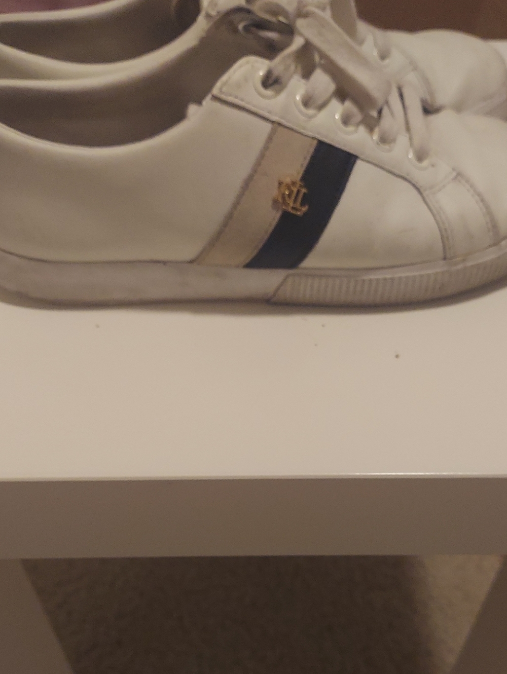 Ralph Lauren White Leather Sneakers with Navy & Beige Stripes
